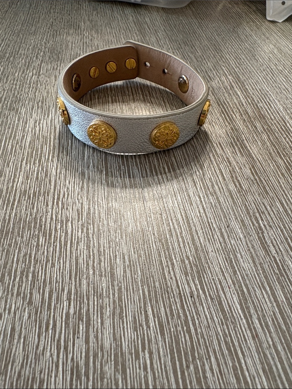 Rustic Cuff Gray Leather Bracelet with Gold Medallions